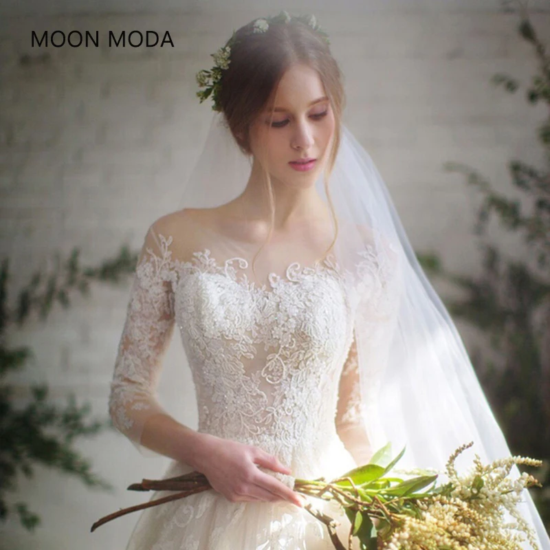 

long half sleeve muslim lace wedding dress high quality 2019 bride simple bridal gown real photo wedding-dress vestido de noiva