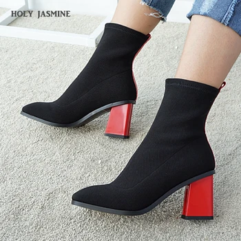 

2019 Autumn New Stretch Knitting High Heel Sock Boots Women Brand Design Deep Black Boots Sexy Pointed Toe Ankle Boots for Women