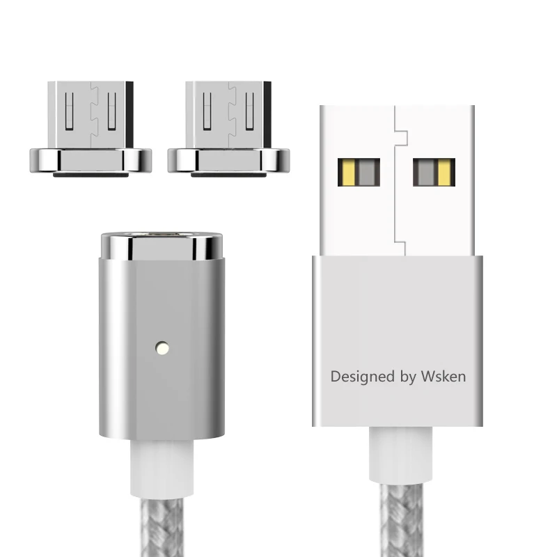 Wsken Mini 2 светодиодный магнитный кабель USB быстрой зарядки Магнитная Зарядное устройство Micro USB кабель для Samsung S6 S7 Edge Micro USB устройств 1 м - Цвет: with 2 plugs silver