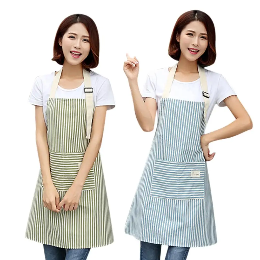 

Adjustable Stripe Sleeveless Apron Women Kitchen Cooking Work With Pocket Halter Tablier Baking Accessories Bib