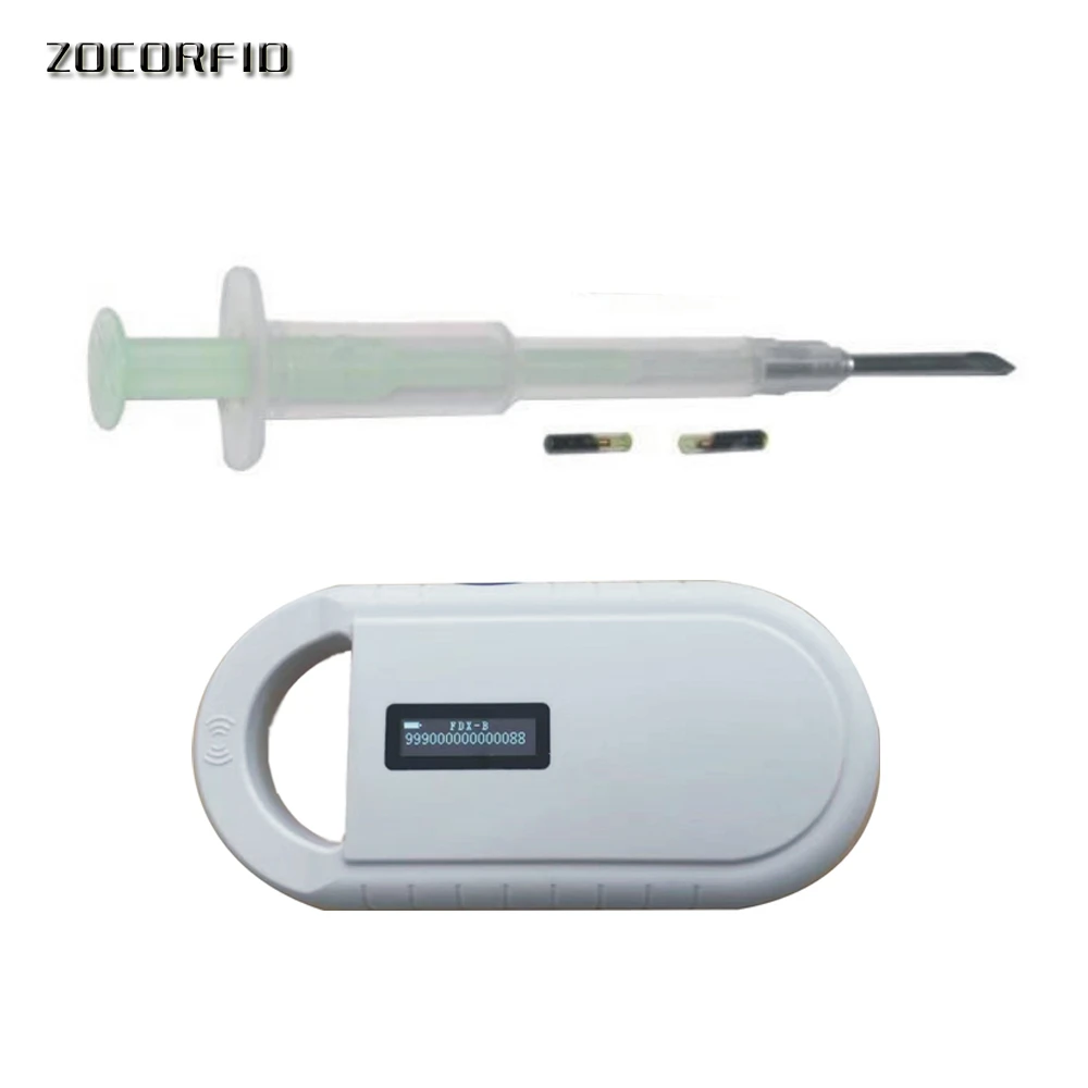 50pcs 134.2KHz Stanard ISO Chip FDX-B 2.12*12mm RFID microchip injector Animal syringe with glass tags+1 pcs reader