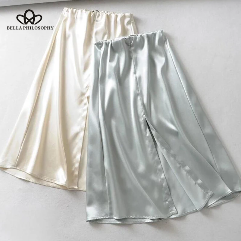 2019 Lady Silk Satin Skirts Front Split Sexy High Waist Long Skirts Womens faldas mujer moda female skirt Wonder Store