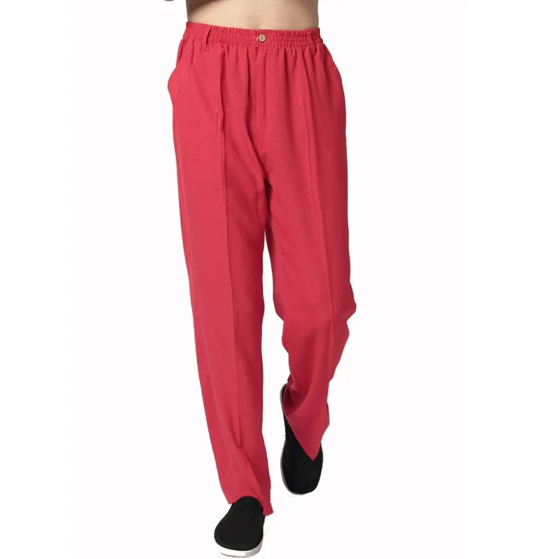 New Red Chinese Male Cotton Linen Pant Men Kung Fu Wu Shu Trousers ...