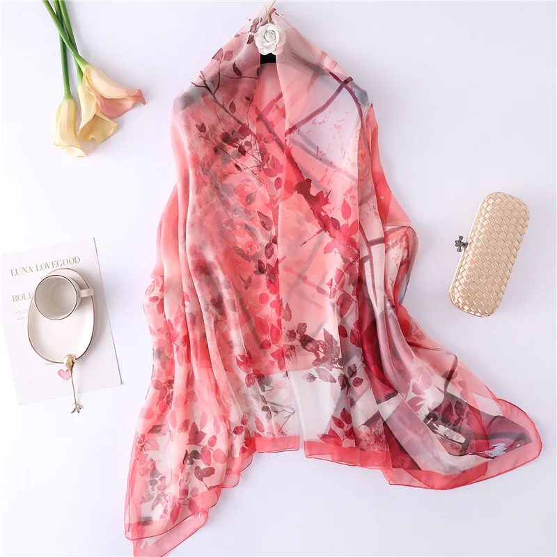 

Leaf Pattern Silk Scarf for Women 2019 New Fabric Thin Shawls and Wraps Large Travel Pashmina Lady Print Scarves Hijab Echarpe