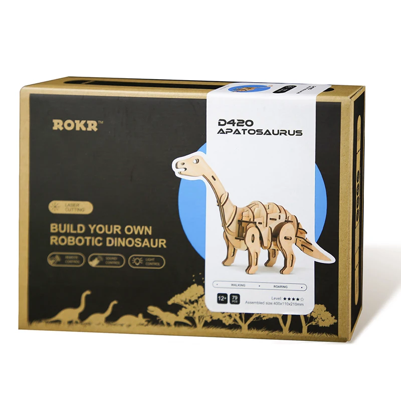 ROKR DIY Электрический динозавр R/C+ Звуковое управление+ светильник 3D деревянная головоломка Сборная модель игрушки для детей D420