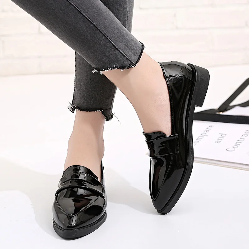 

Women British Style Oxford Shoes Lady Spring Patent Leather Oxfords Flat Heel Casual Footwear Slip on Dress Shoes