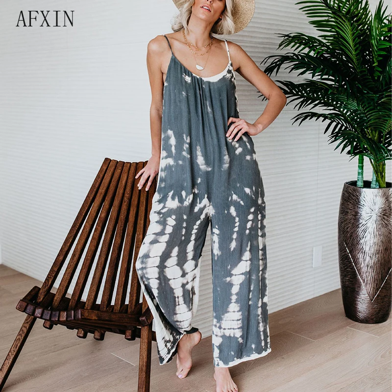 

2019 Summer Women Casual Sleeveless Tie Dye Jumpsuits Fashion Ladies Loose Beach Bodysuit Wide Leg Pants Long Trousers Drop Ship