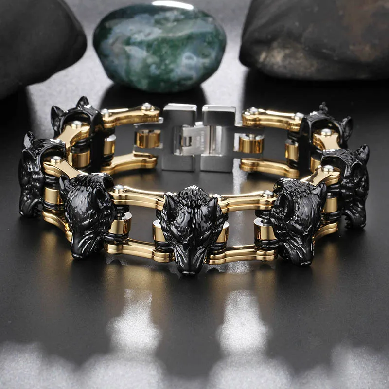 

Gold Black Color Stainless Steel Motorcycle Chain Mens Bracelet Male Wolf Lion Head Man Bracelets Jewelry Gift Armband TrustyLan
