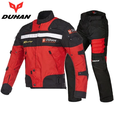 DUHAN Blouson Moto Мужская мотоциклетная куртка для мотокросса для гонок по бездорожью бронежилет+ штаны для верховой езды комплект одежды черный синий красный, D-020 - Цвет: red one set