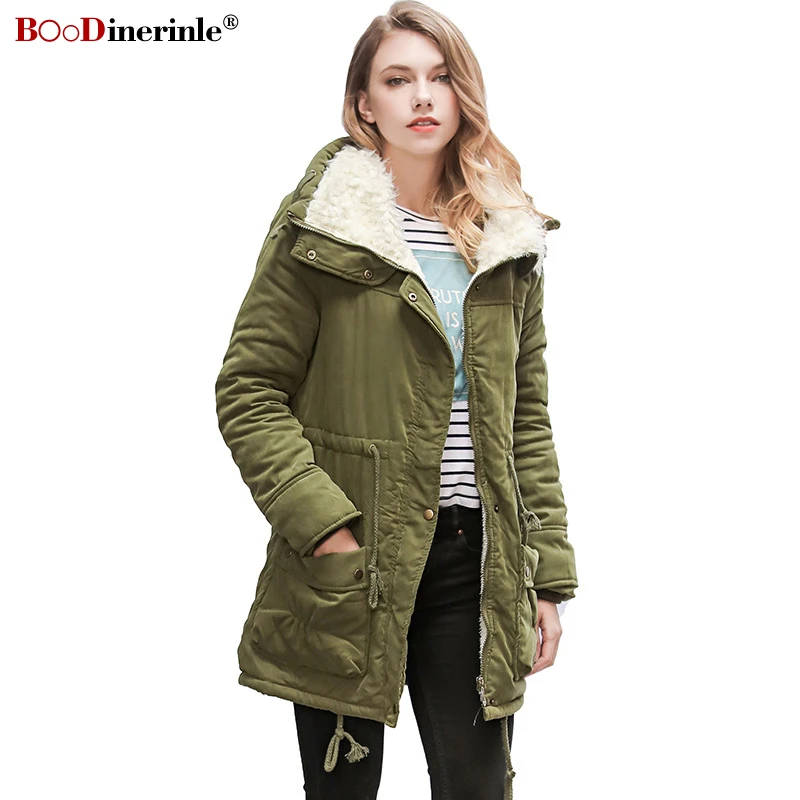BOoDinerinle Parkas Женская Женская куртка армейский зеленый плюс размер длинные зимние женские пальто тонкие военные куртки из овечьей шерсти