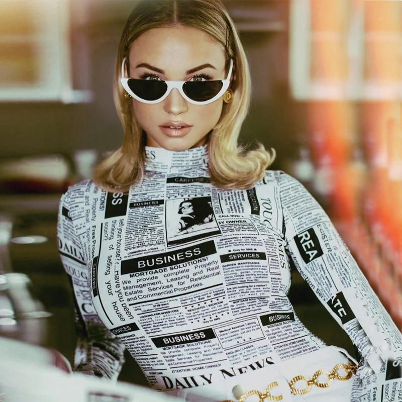 

Women Long Sleeve Bodysuit 2019 Autumn Fashion Individuality Newspaper Printed Jumpsuits Slim Costume Skinny Playsuits