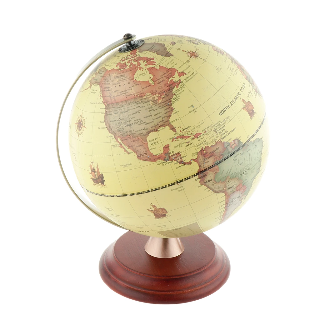 Spinning World Globe Ocean Map With Wooden Stand Geography Kids Students Educational Toy Home Office Miniatures Gift