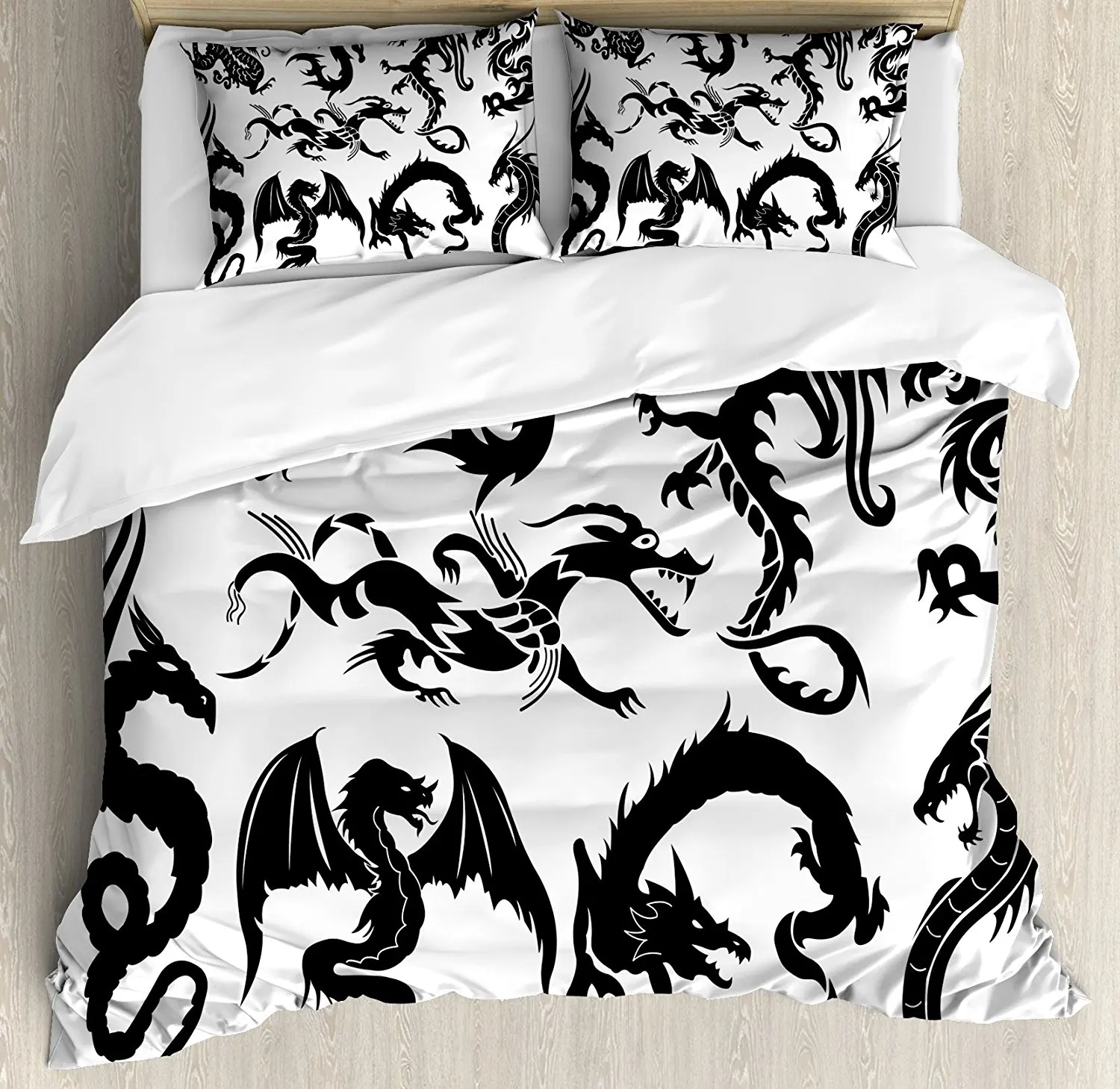 Japanese Dragon Duvet Cover Set Monochrome Style Cultural Oriental