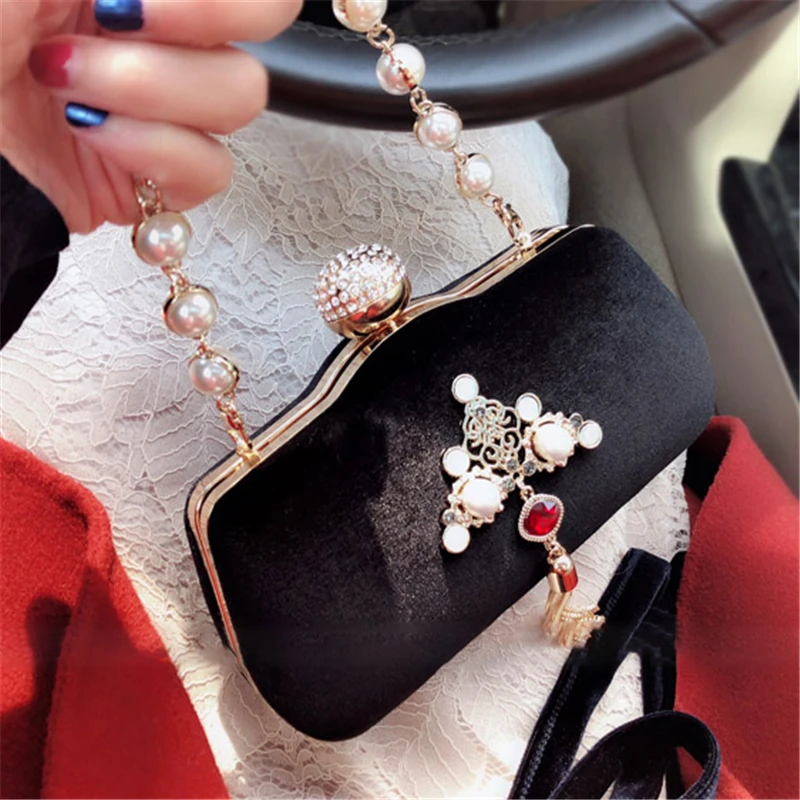 

Women Luxury Handbags Velour Clutch Bags Crystal Pearl Evening Bag Black Wedding Bride Purse Ladies Small Crossbody Shoulder Bag