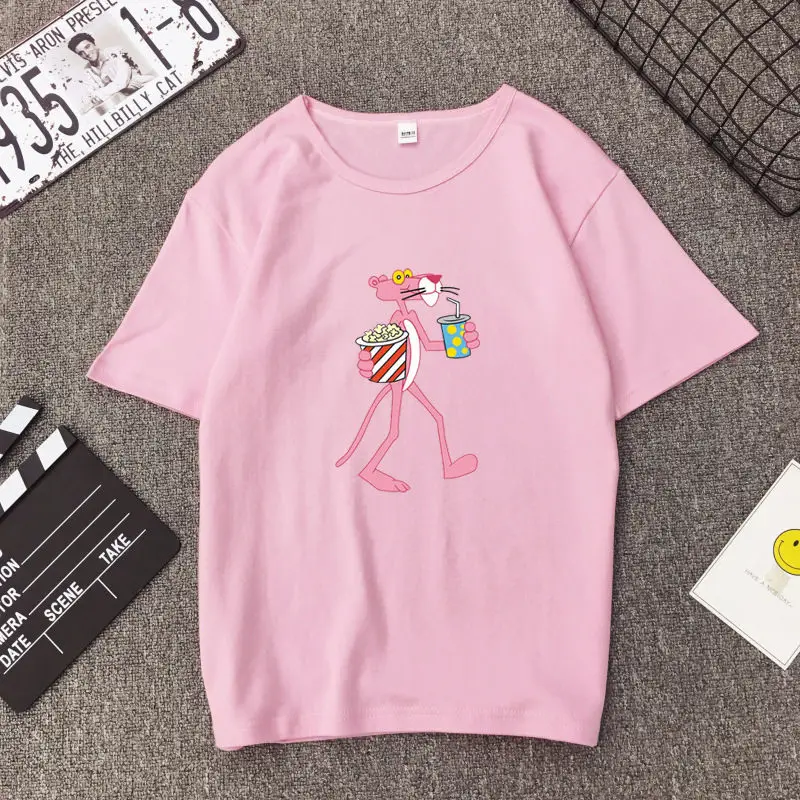 Милая женская футболка с изображением розовой пантеры из мультфильма; сезон весна-лето; Новинка; футболка с коротким рукавом и круглым вырезом из хлопка и спандекса; женские свободные топы - Цвет: Pink 2