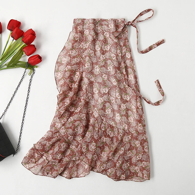 Женская Новинка, богемная пляжная шифоновая юбка, модная женская летняя юбка с цветочным принтом, асимметричная юбка с оборками и подкладкой