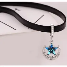 Австрийский кристалл луна и звезда кристалл короткое ожерелье с подвеской для женщин Стразы черное кожаное ожерелье очаровательные подарки