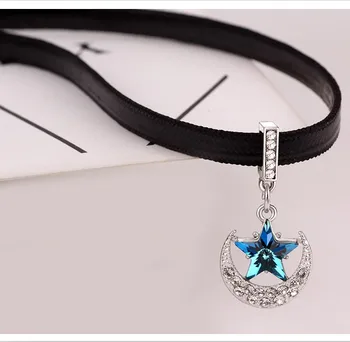 Austrian Crystal Moon and Star Crystal Pendant Short Necklace for Women Rhinestone Black Leather Choker Necklace Charming Gifts