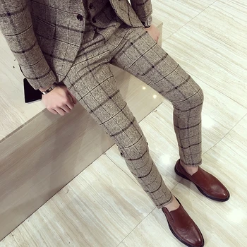Mens Chekered Plaid Dress Pants Slim Fit British Style Plaid Suit Pants For Men's Clothing Business Formal Wear Slim Fit Straight Office Trousers 1
