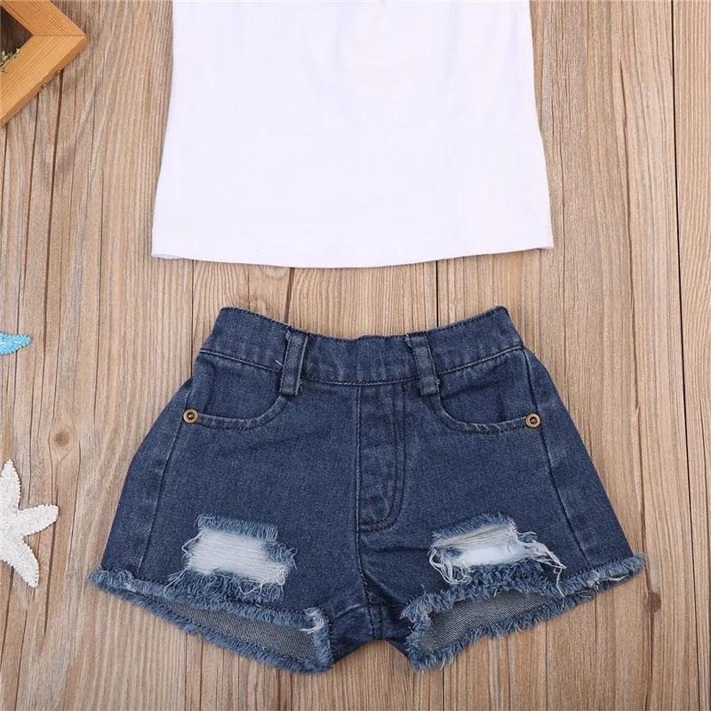 3D без рукавов с цветочным рисунком Топы+ джинсовые Короткие Шорты наряды для девочек Костюмы комплект Стиль Мода Одежда для маленьких девочек