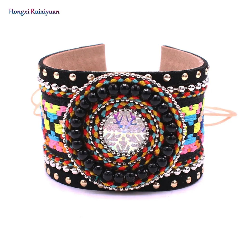 

Onlyee New Bohemian Handmade Ornaments Snowflake Color Embroidered Pattern Bracelet & Bangles Gypsy Leather Friendship Bracelet