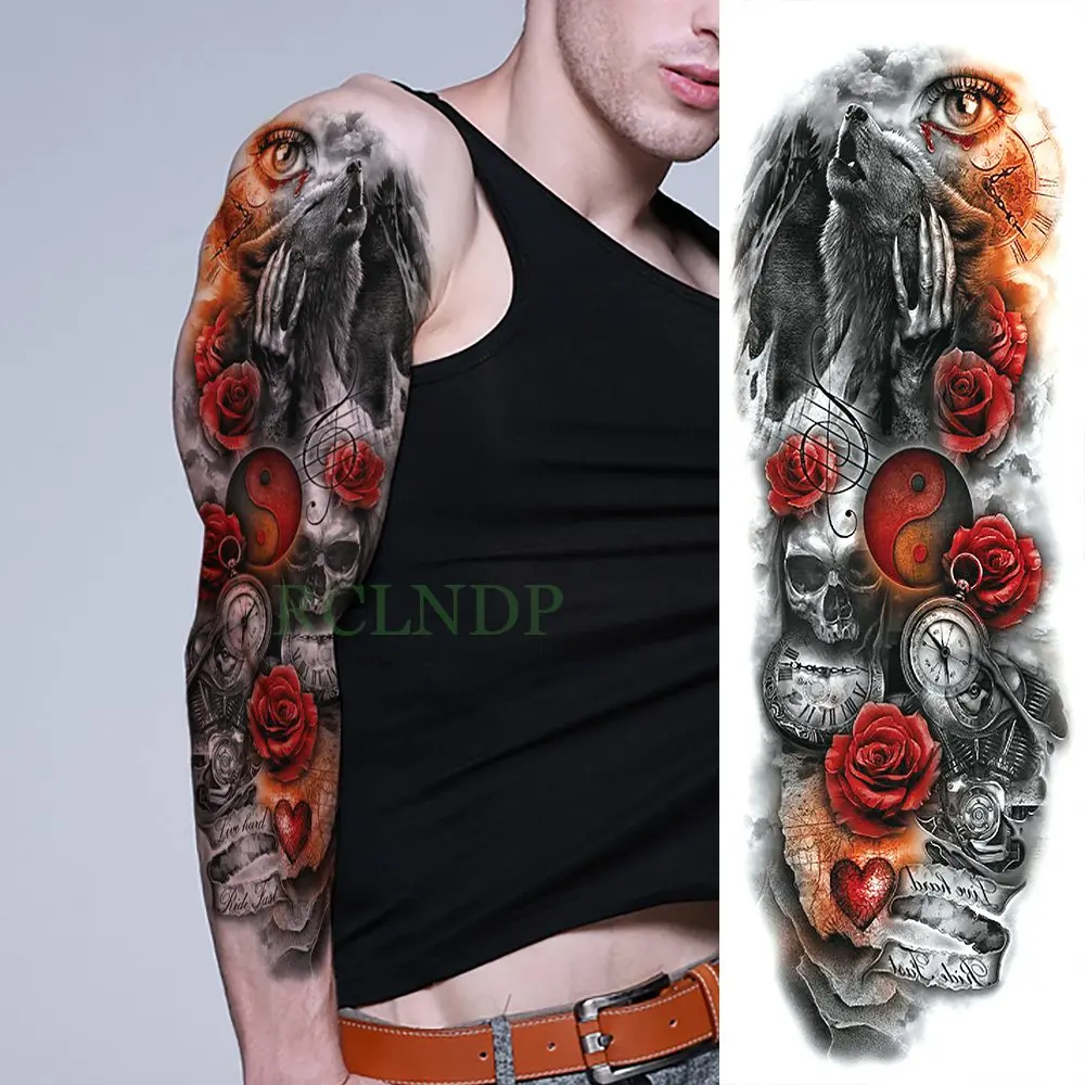 Водонепроницаемая временная татуировка наклейка череп мотоцикл Роза полная рука большой размер временная татуировка флэш-тату рукав для мужчин и женщин Девушка