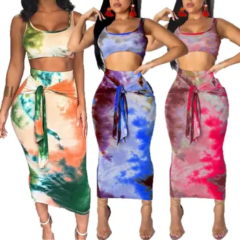 

2Pcs/Set Women Bodycon Clothes Ladies Summer Printing Suit Sleeveless Crop Top Bandaged Skirt Dresses Streetwear Clubwear Party