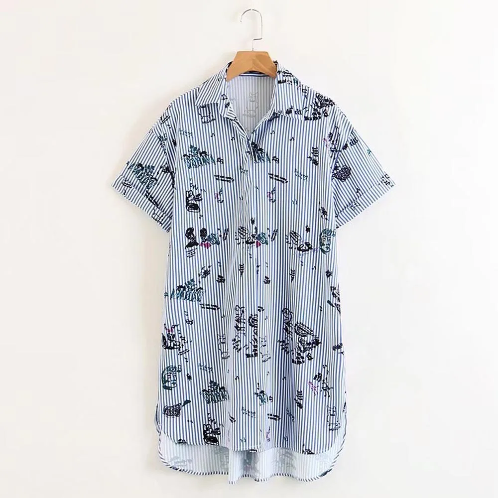 

FIRSTTO Trendy Blue White Striped Contrast Color Graffiti Print Turn-down Collar Short Sleeve Casual Straight Mini HI-LO Dress