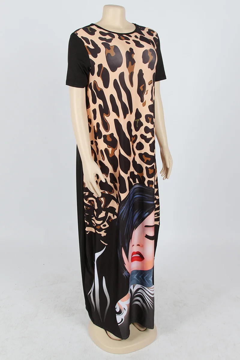 Kostlich Women Dress O-Neck Leopard Beauty Face Print Dress Sexy Women Maxi Long Dresses Plus Size Loose Casual Womens Clothing (18)
