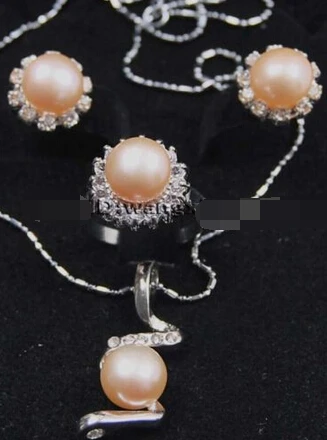 

Miss charm Jew.520 9-9.5MM Pink Akoya Cultured Pearl ring earrings Necklace Pendant Set AAA (A0423)