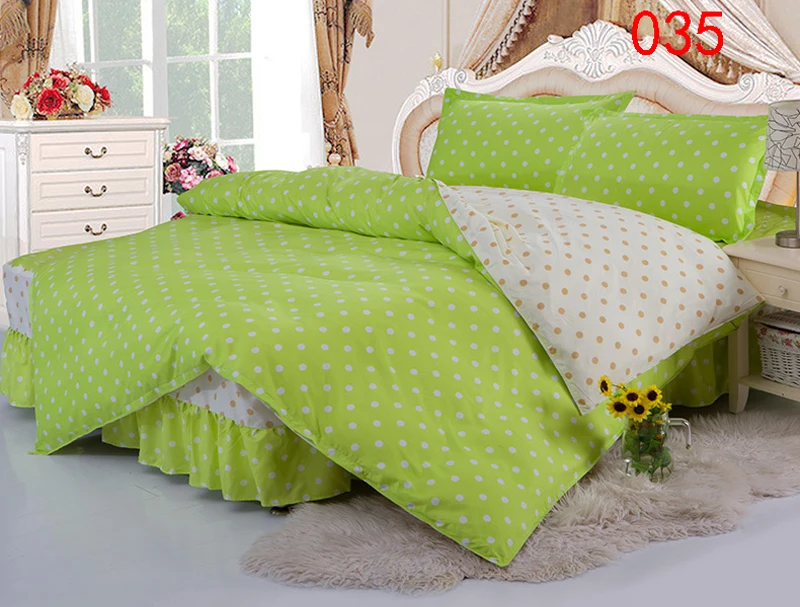 Twin Full Queen Green Dot Polyester Bed Skirt 4Pcs Bedding Set Bed Dust Ruffle Bedclothes Set Duvet Cover Quilt Cover Pillowcase