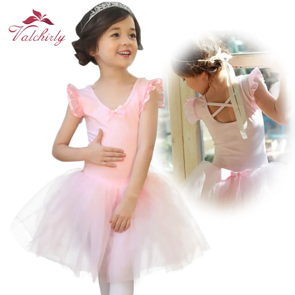 Балетные платья с рукавами-крылышками для девочек танцевальные платья детские трико-пачка Детские костюмы для выступлений балерина, юбка из тюля с большим бантом