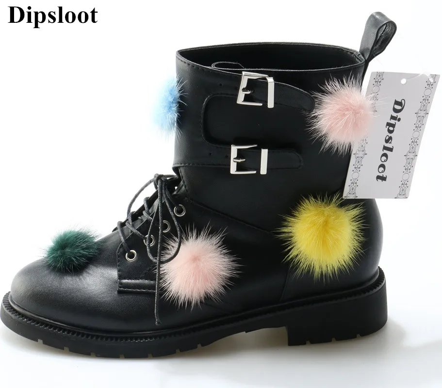 

The Newest Design 2018 Colorful Fur Ball Embellished Woman Ankle Boots Round Toe Square Low Heels Riding Boots Girls Short Boots