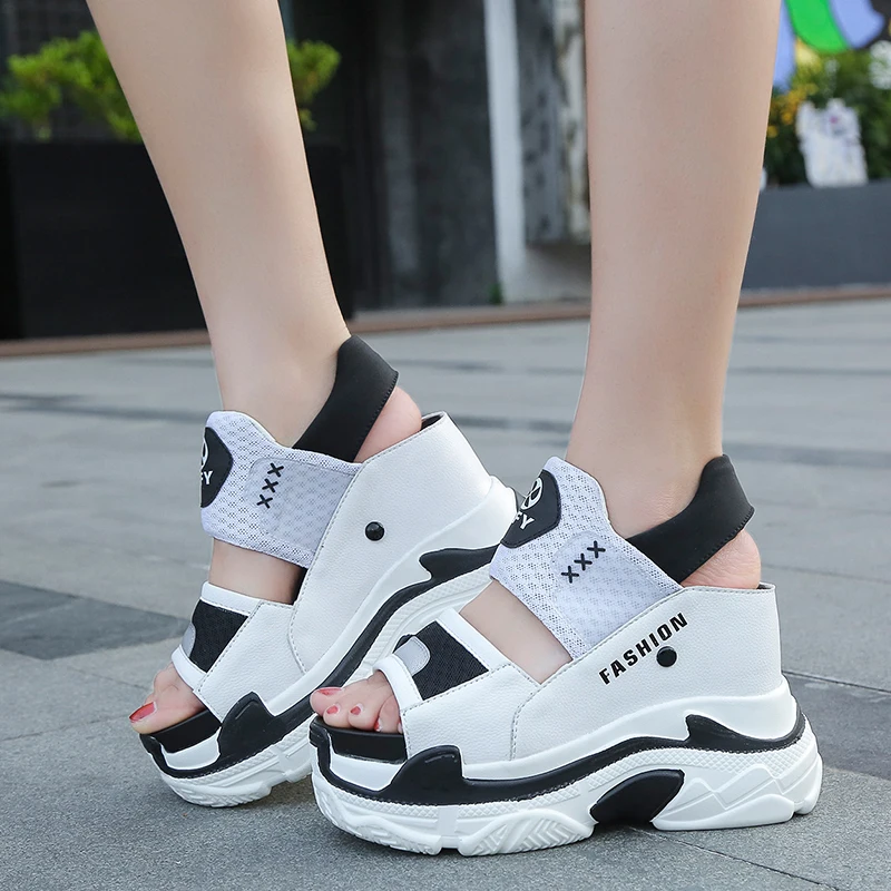 

Lucyever 2019 New Summer Women Platform Wedge Sandals Summer Sneakers Black White High Heels Open Toe Thick Sole Creepers