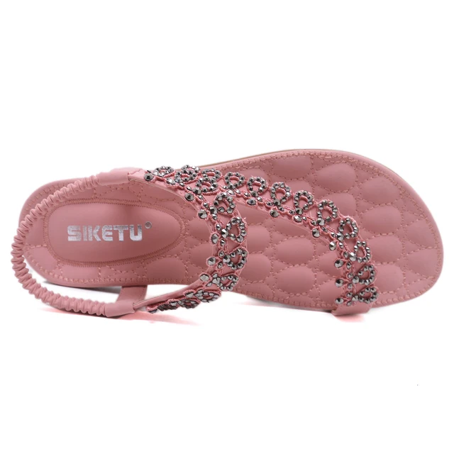 SIKETU New Ethnic Sandals Bohemian Rhinestone Flowers Diamond Large Size 42 Flat Sandals Summer Sandals Flip Flops Shoes Women