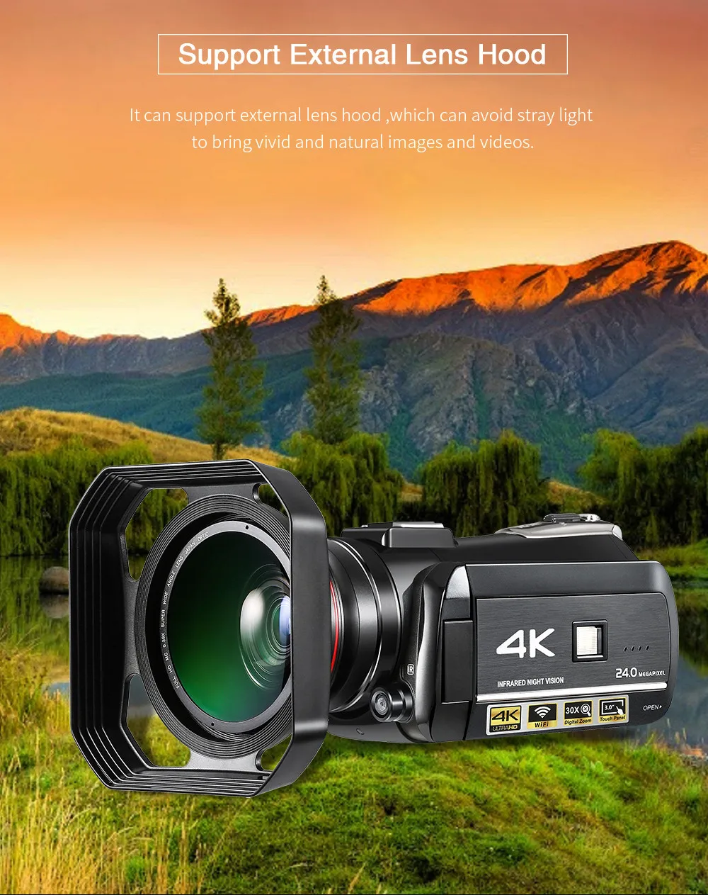 Цифровая видеокамера 4K UHD 24MP 3 0 "lcd с 1 батареей + 0.39X объектив микрофон бленда для