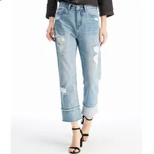 Осень, модные рваные джинсы, женские джинсовые штаны с дырками, высокая талия, женские джинсы с манжетами, пэтчворк, прямые джинсы