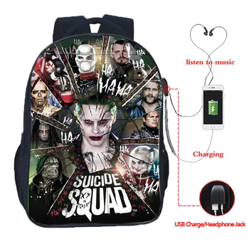 

High Quality Suicide Squad USB Charge Backpack Harley Quinn School Bags Fashion Bags Beautiful Joker Students knapsack for Teens