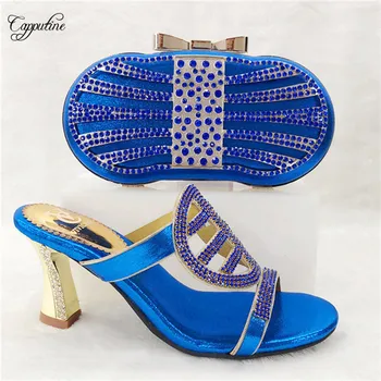 

High class royal blue sandal shoes and evening purse bag set with stones for fashion lady T0427, heel height 8cm