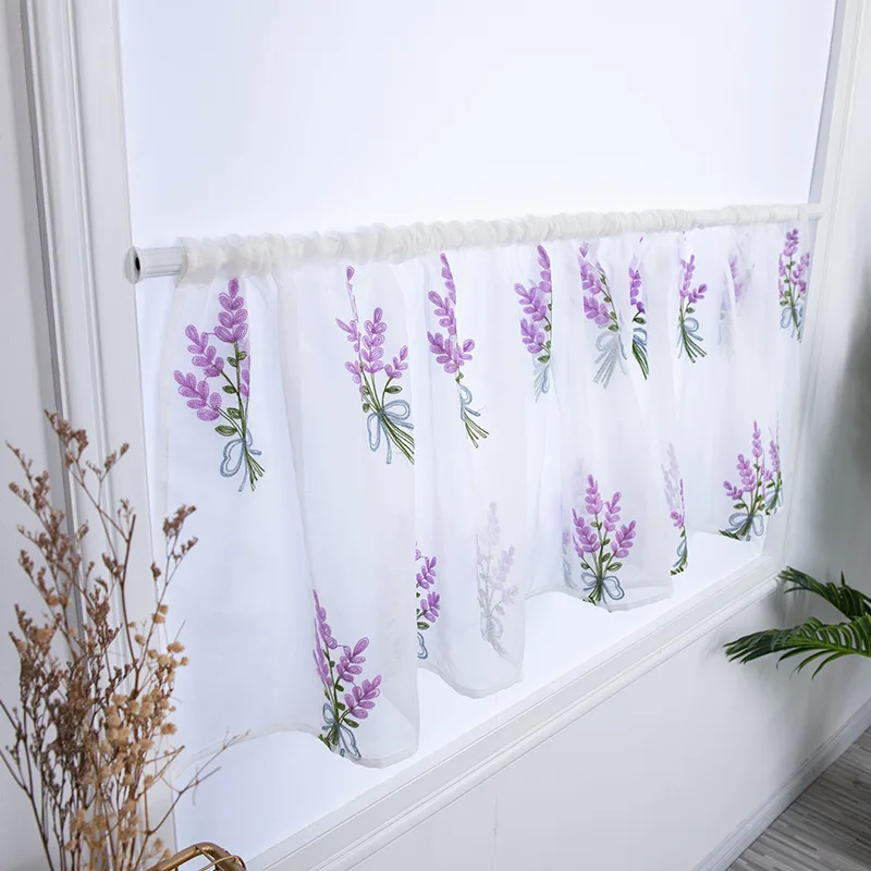 Половинная штора с вышивкой Лаванда Штора для шкафа окна балдахин кофейная панель драпировка занавеска для кухонного шкафа