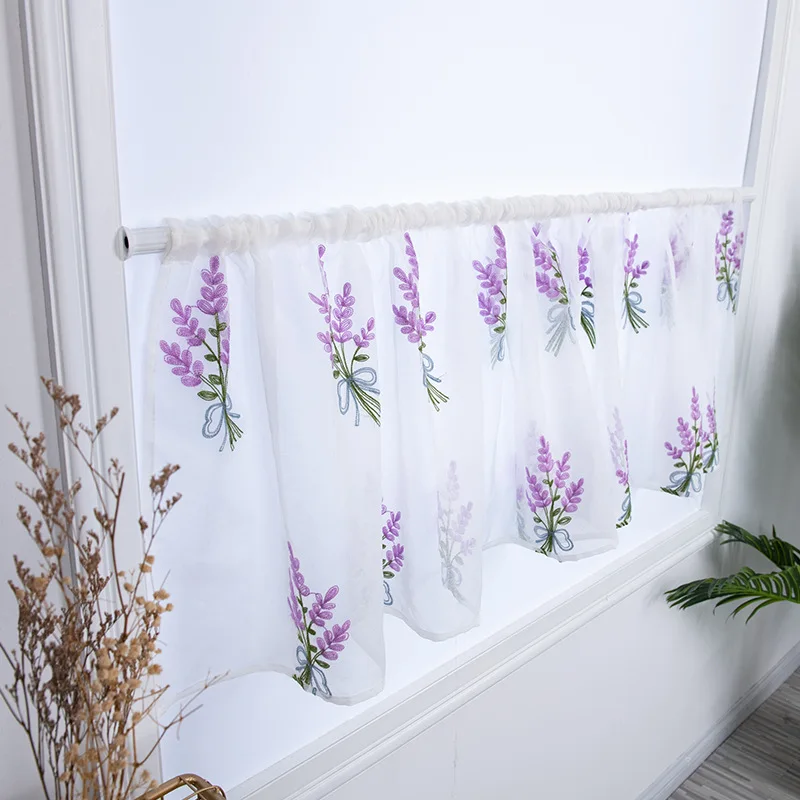 

Half-curtain Embroidery Lavender Cupboard Curtain Window Valance Coffee Panel Drape Curtain for The Kitchen Cabinet