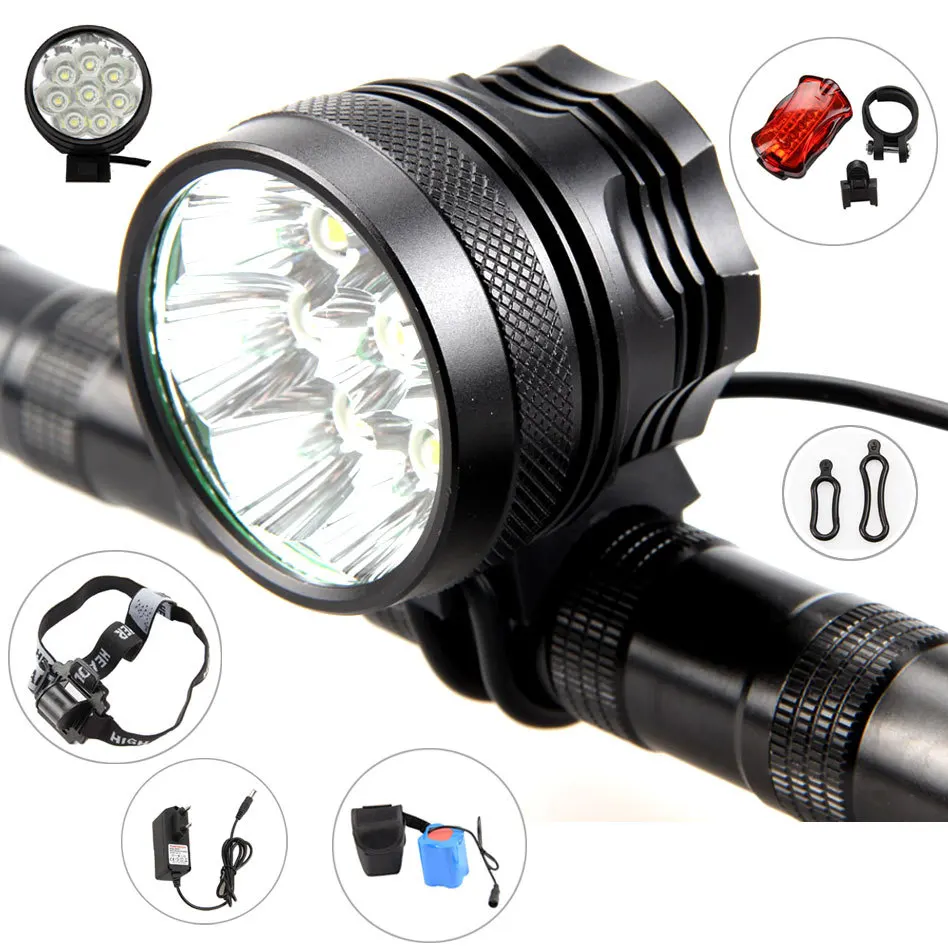 

12000lm 8x XML U2 LED Flashlight Bicycle Bike HeadLight Lamp Torch+12000mAh Battery+Rear Light+Head Band+AC Charger Black