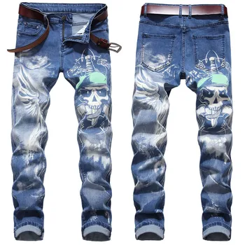 

Hip Joggers Pants 2019 New Men's New Fashion 3D Personality Slim Color Print Stretch Denim Trousers 25 Dropshipping