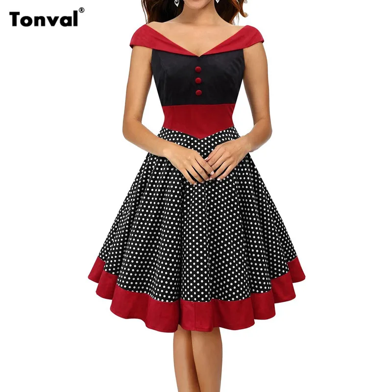 

Tonval Vintage Polka Dot 1950S Pin up Cotton Dress Women Sexy Off Shoulder Evening Party Rockabilly Elegant Dresses