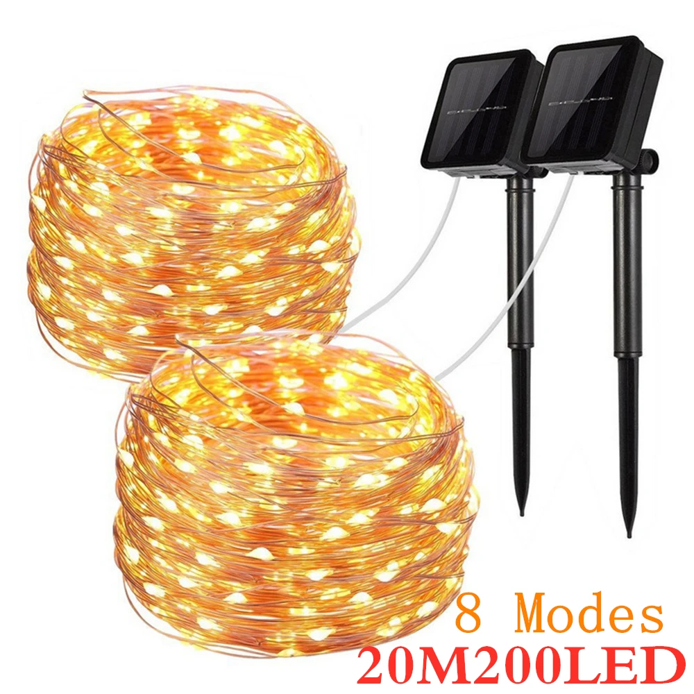 8 Modes Solar Powered LED String Lights 200 LED Xmas Copper Wire Starry Fairy Lights Waterproof Outdoor Decorative Lighting