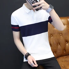 Summer men’s big striped short-sleeved POLO shirt , Men large size leisure breathable polo shirts . White Blue 4XL 5XL