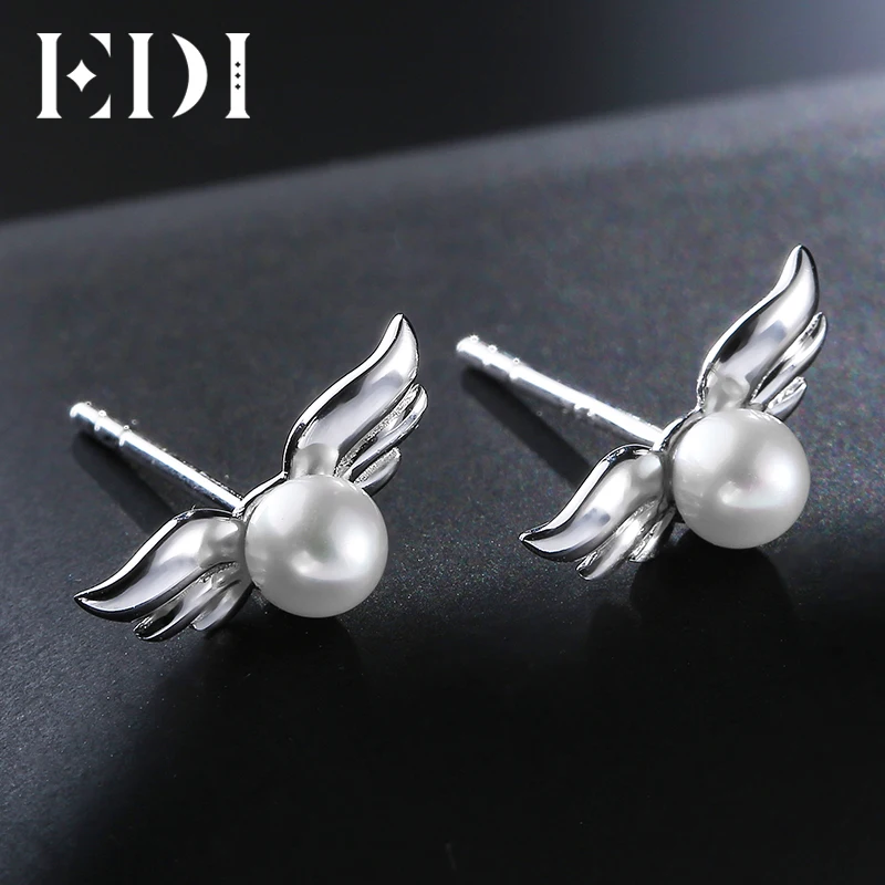 EDI 925 Sterling Silver 4mm Natural Freshwater Pearls Angel Wings Stud Earrings For Women Cute Jewelry