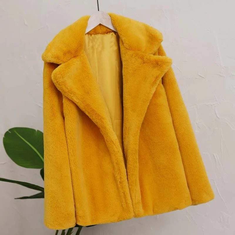 Лучший вид женские зимние искусственный меховые куртки Уличная искусственный кроличий мех пальто женское элегантное плотное теплое пальто верхняя одежда - Цвет: yellow faux fur coat