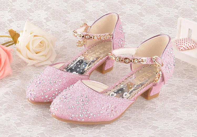 Новинка; обувь для девочек на высоком каблуке; Студенческая обувь принцессы со стразами; детская яркая танцевальная обувь; цвет розовый, золотой, белый, синий; C702