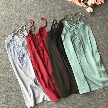 

Summer New Lady Faux Silk Spaghetti Strap Nightgown SolidNightwear Nightie Women Sexy Mini Nightdress Home Dress Size M L XL